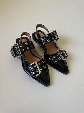 GANNI Feminine Buckle Slingback Pointed toe Ballerinas Shoes Black~37